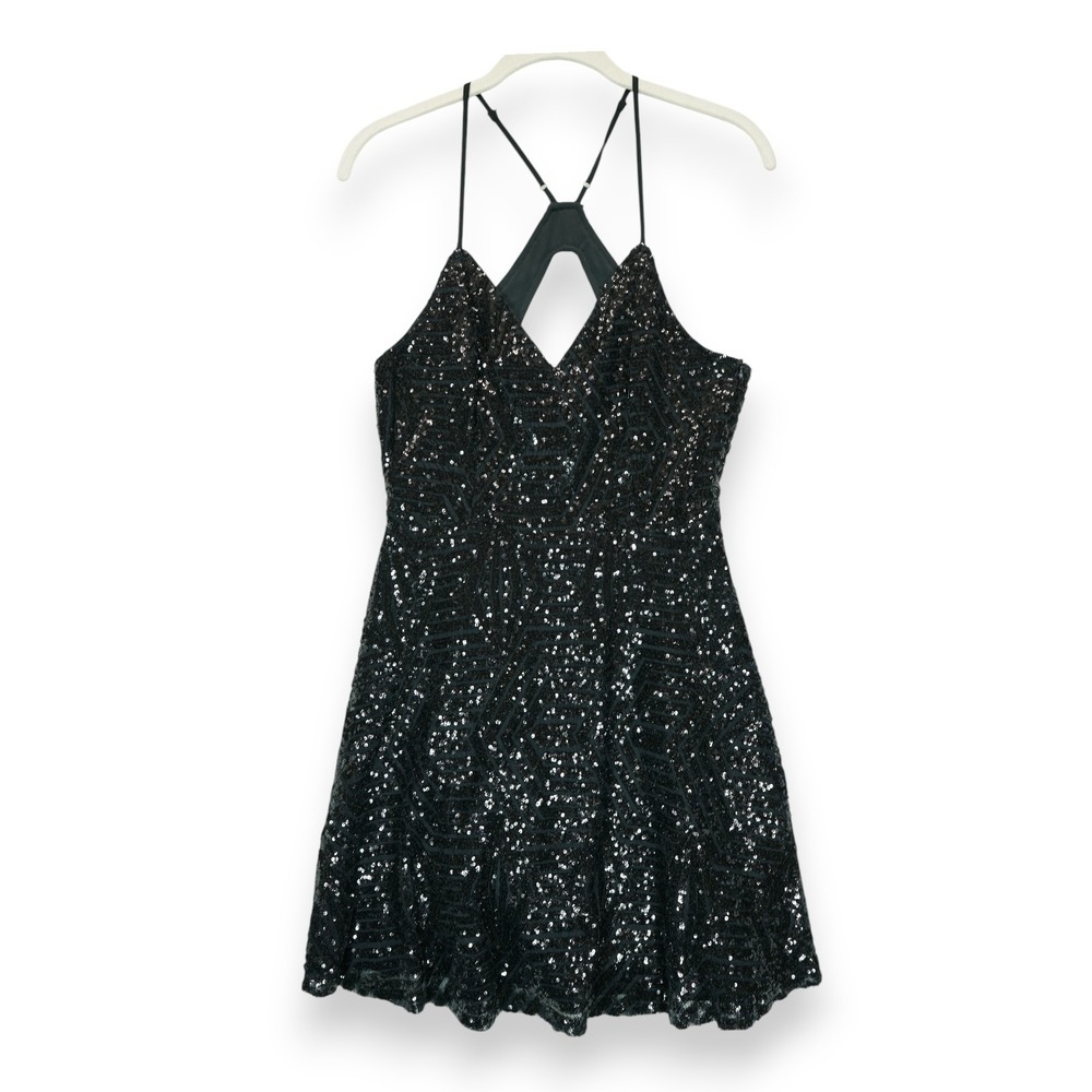 Lulus Serenade in the Night Black‎ Sequin Mini Skater Dress Womens Medium